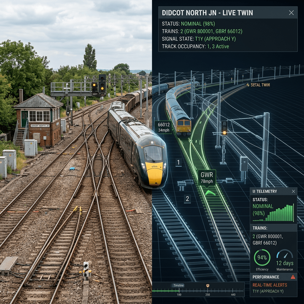Two trains on railway tracks next to a digital interface with train status, speed, and track information.