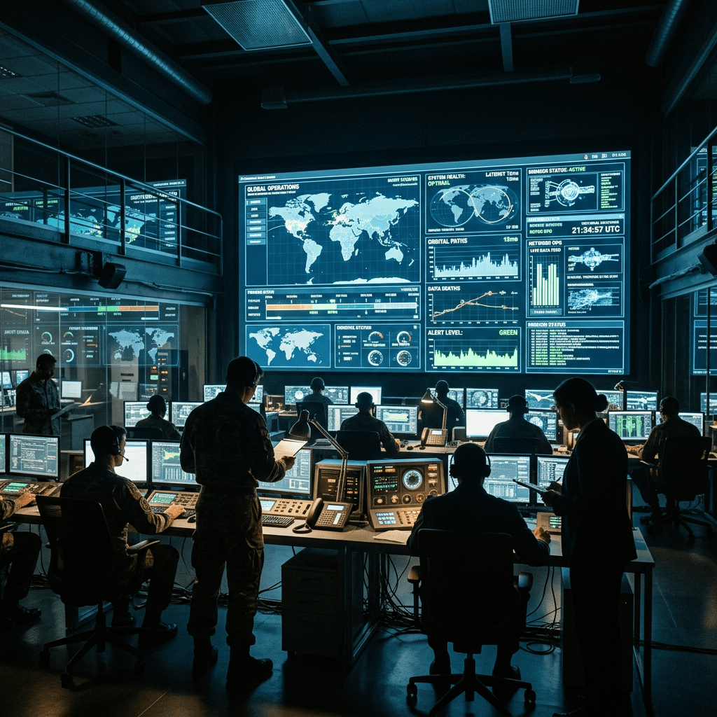 Military command center with personnel monitoring global operations on large digital screens